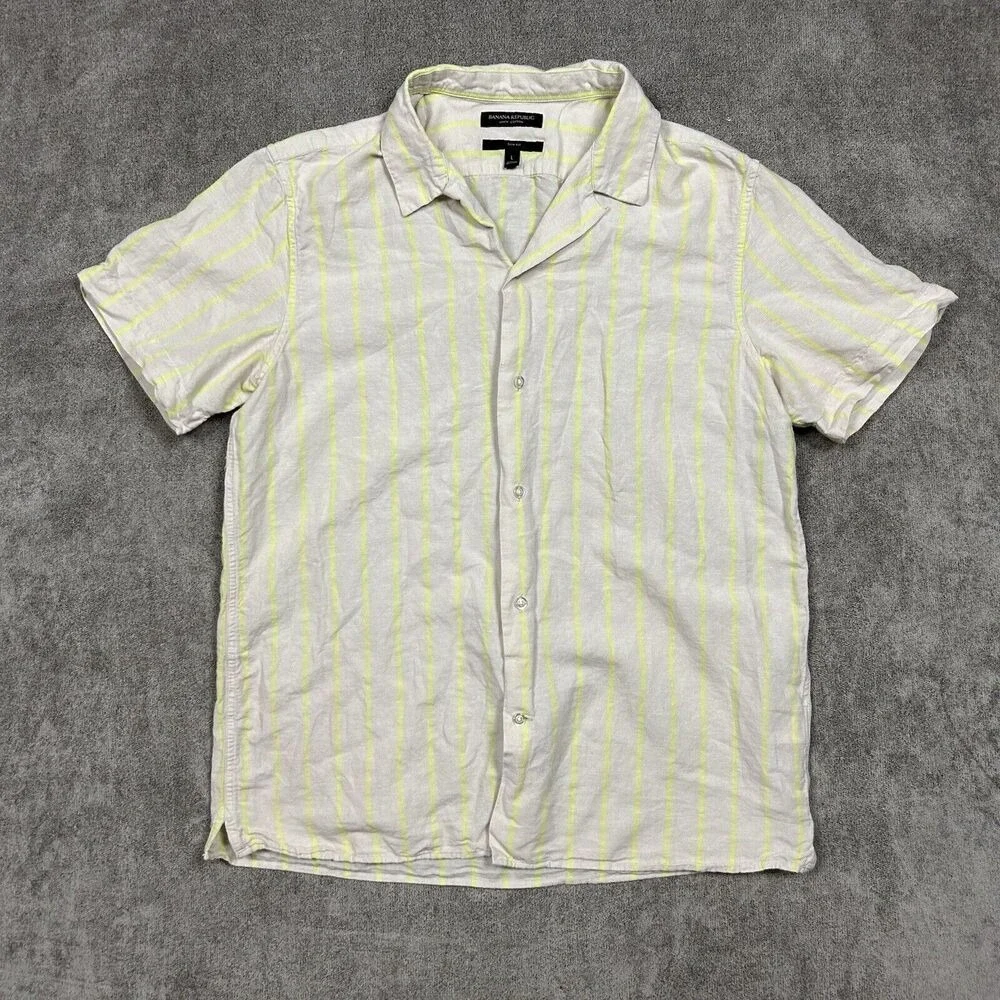 Banana Republic Shirt Mens Linen BlendCamp Collar Large Slim Fit Tan Striped